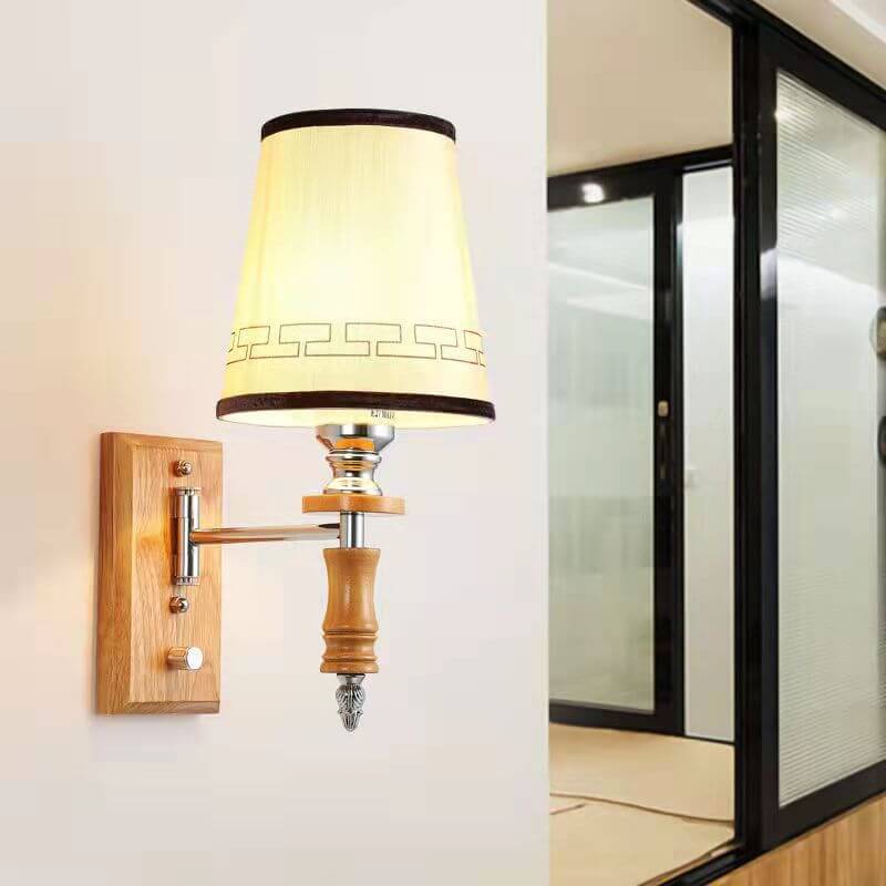 Chinesische Retro Holz Element Stofffass Schirm 1-Licht Wandleuchte 