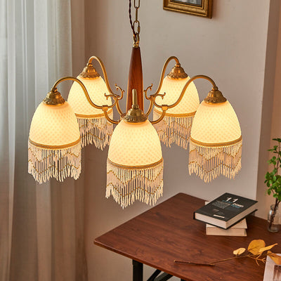 Traditional Vintage Grid Tassel Copper Wood Glass 3/5/8 Light Chandelier For Living Room