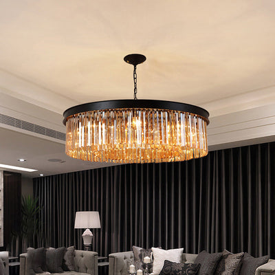 Zeitgenössischer Luxus-Kronleuchter mit Eisen-Finish, runder, abgestufter Kristallschirm, 8 Lichter, für Wohnzimmer 