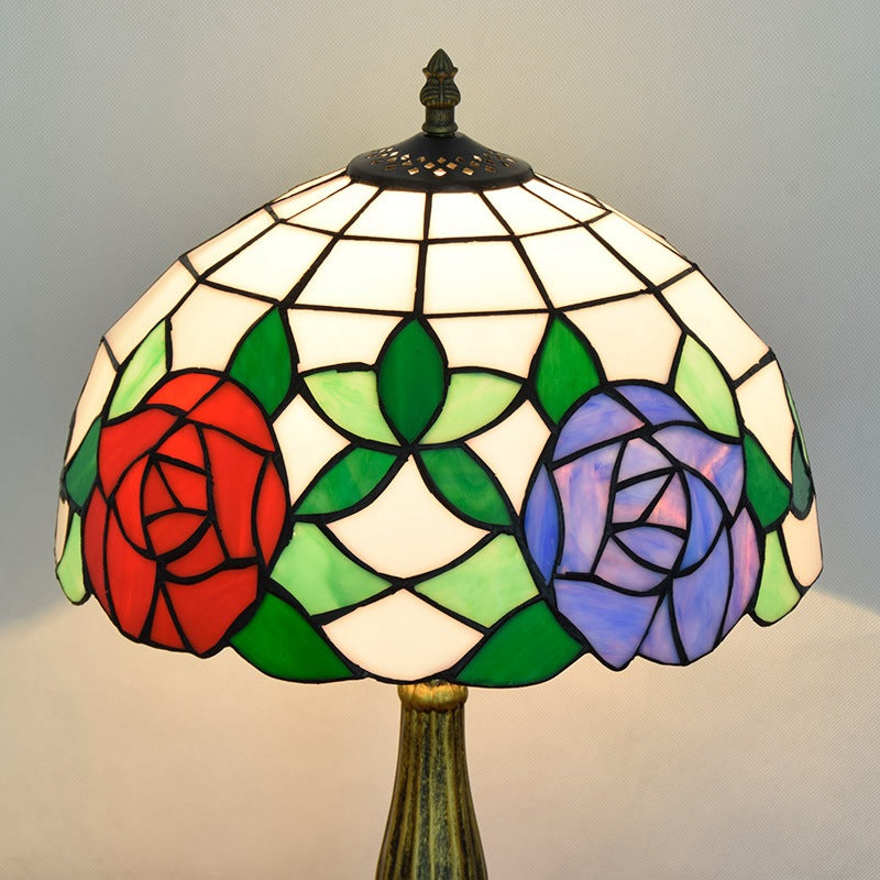 Traditional Tiffany Rose Aluminum Stained Glass 1-Light Table Lamp For Bedroom