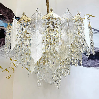 Zeitgenössische Luxus Blatt Kristall Glas Eisen Keramik 9/15/16 Licht Kronleuchter Für Wohnzimmer 