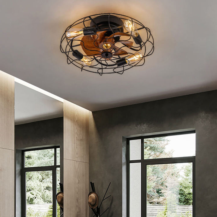 Contemporary Industrial Wood Grain Drum Cage Design Iron APS 3-Light Flush Mount Ceiling Fan Light for Living Room
