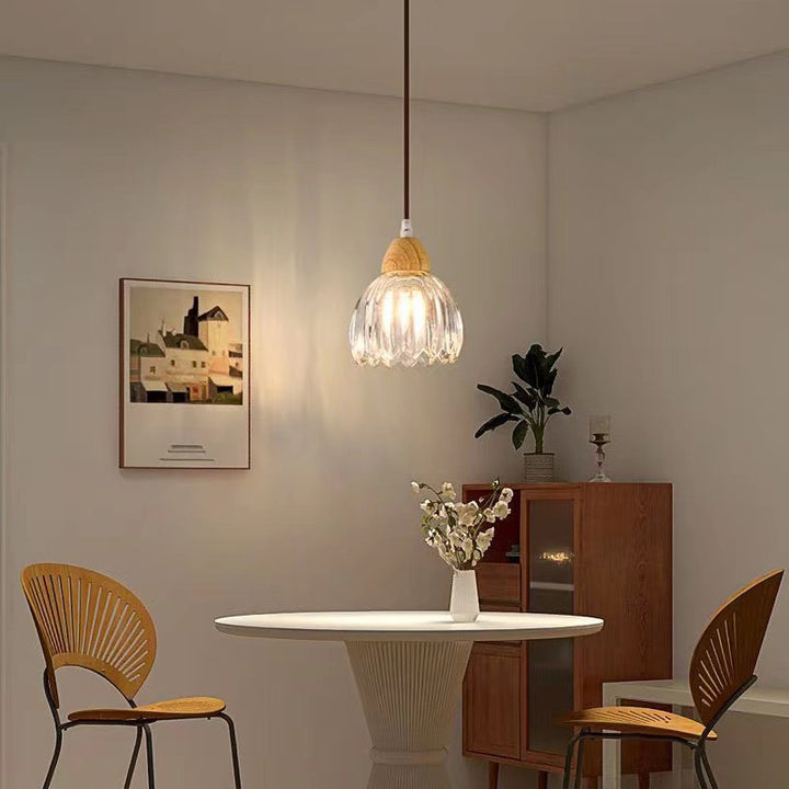 Traditional Japanese Rubber Wood Glass Flower 1-Light Pendant Light For Dining Room