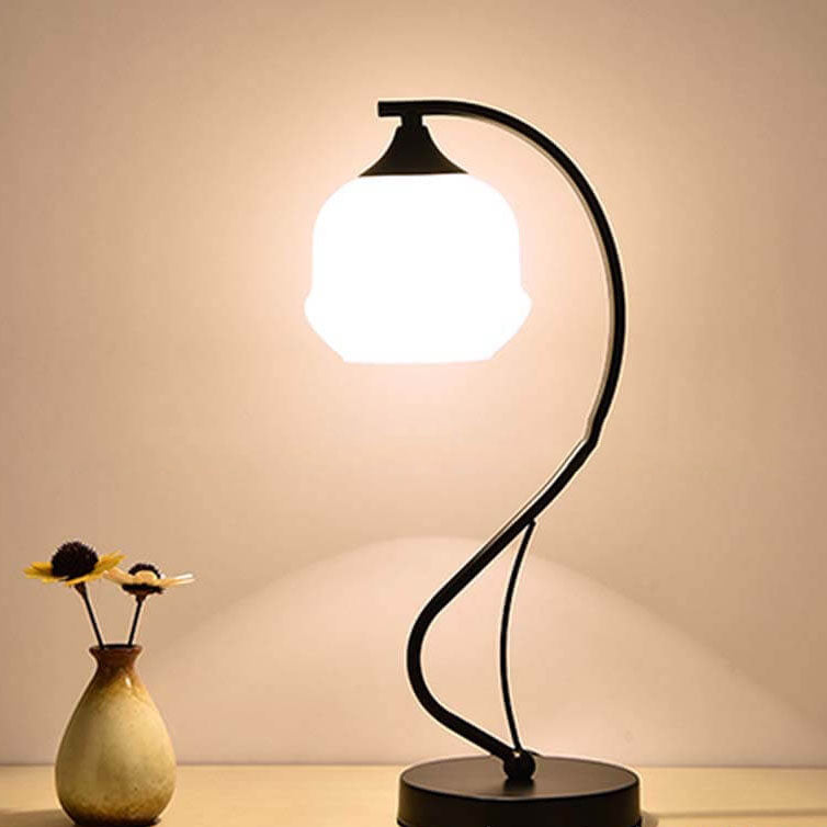 Moderne einfache Blumen-Glaslampe mit gebogenem Eisenfuß, 1-Licht-Tischlampe 