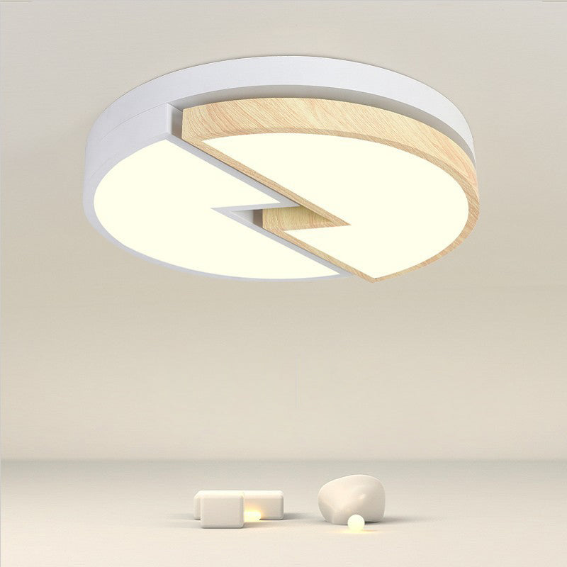 Zeitgenössische nordische runde Holzmaserung Blitz Eisen Acryl LED Unterputz Deckenleuchte für Schlafzimmer 