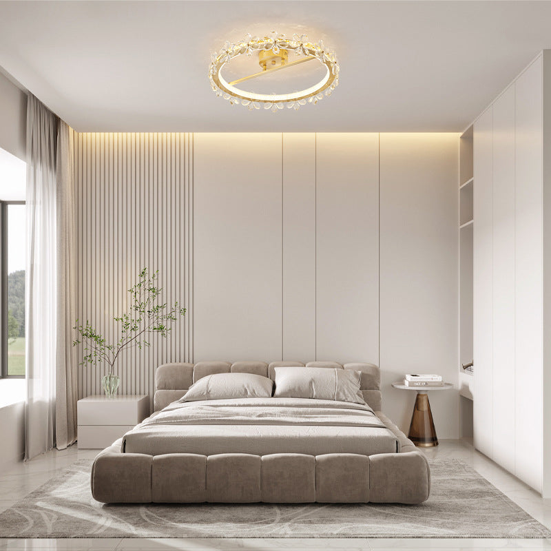 Modern Luxury Round Petal Full Copper Crystal LED Semi-Flush Mount Ceiling Light For Bedroom