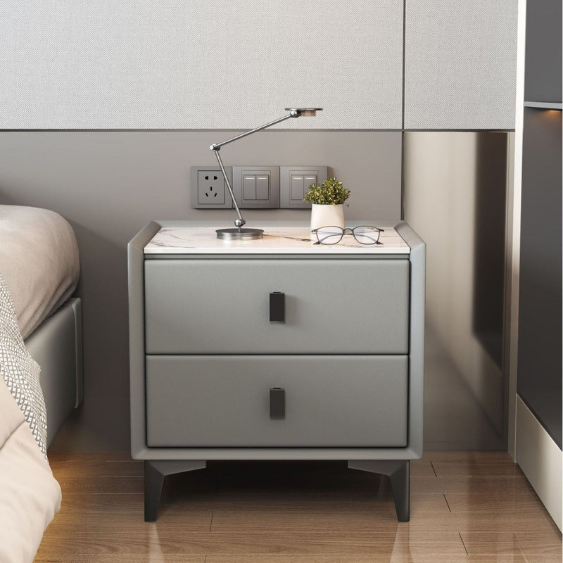 Table de nuit moderne en bois massif à dessus en pierre frittée cubique à 2 tiroirs pour chambre à coucher 