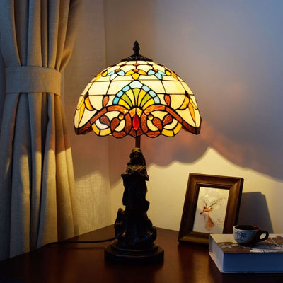 Vintage Tiffany Lotus Stained Glass Dome 1-Light Table Lamp