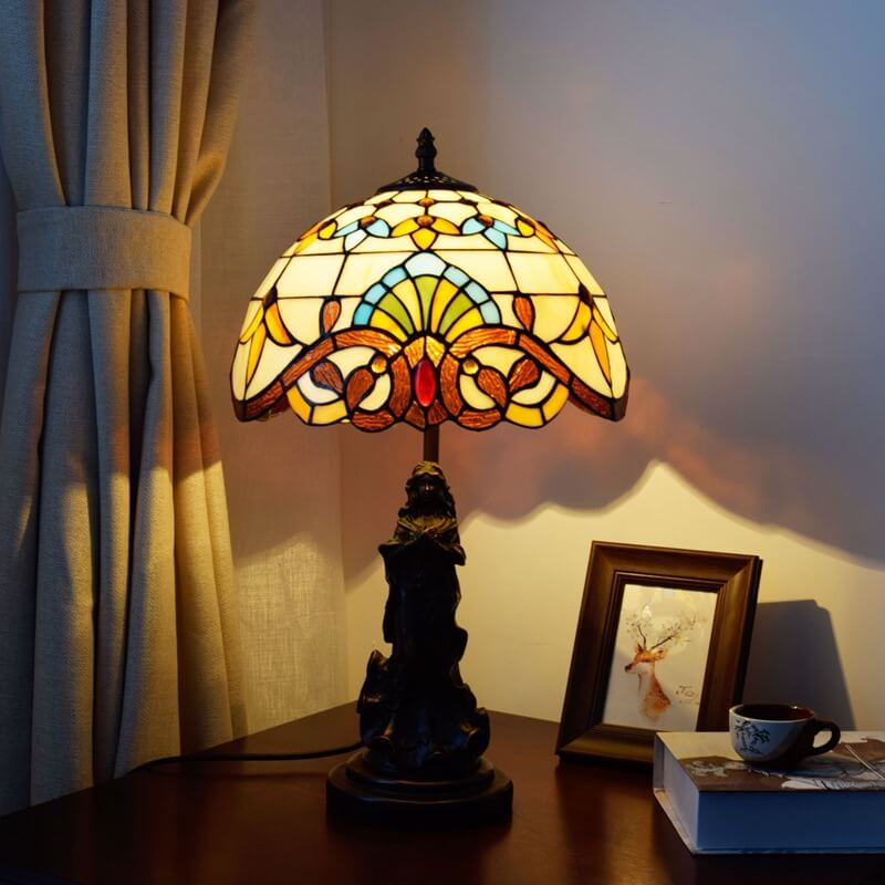 Vintage Tiffany Lotus Stained Glass Dome 1-Light Table Lamp
