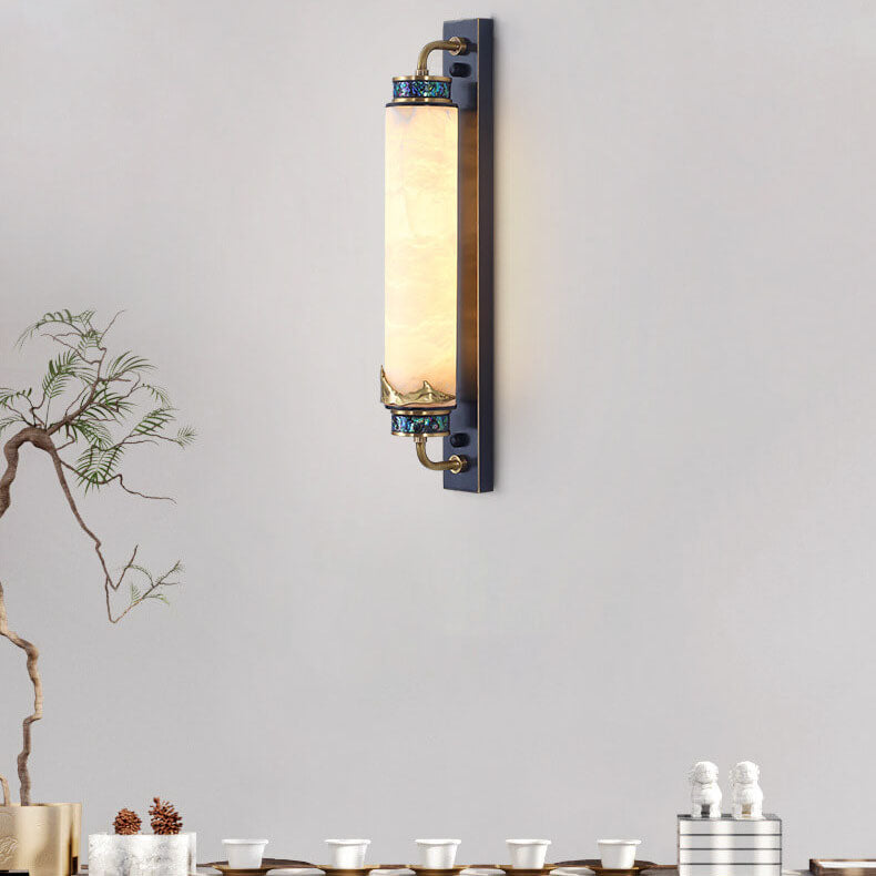 Traditional Chinese Marble Copper Column Brass LED Wall Sconce Lamp for Living Room