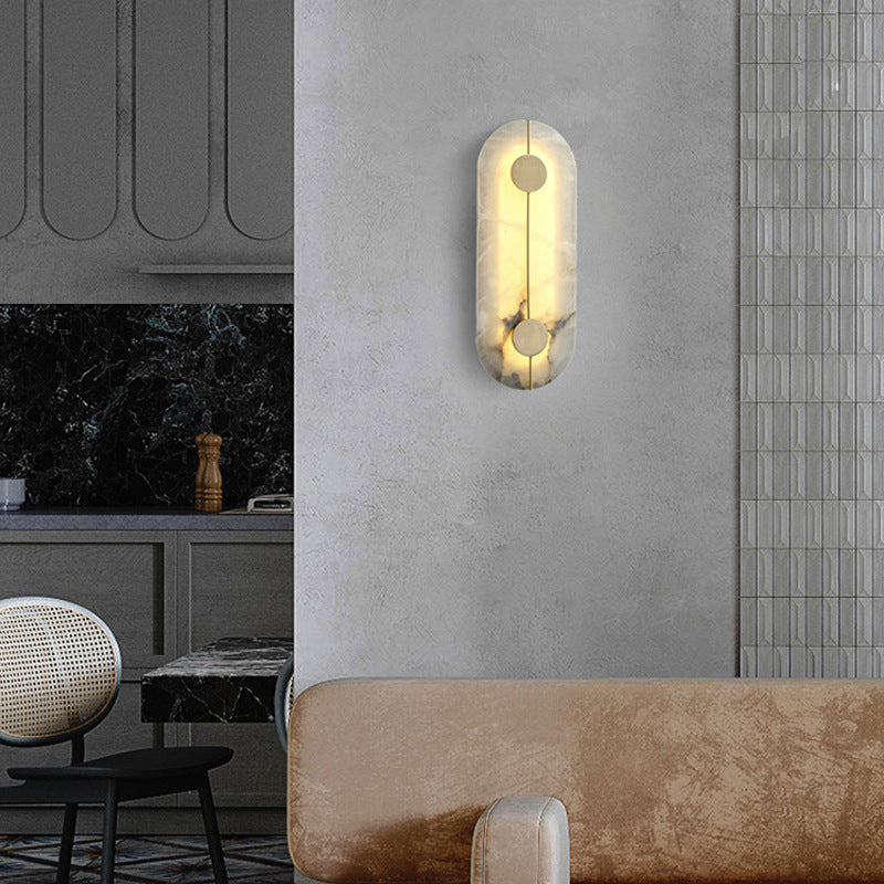 Traditional Chinese Copper Marble Round Elliptical LED Wall Sconce Lamp For Hallway