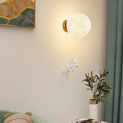 Contemporary Creative 3D Printed Moon Shade Resin Astronaut 1-Light Wall Sconce Lamp For Bedroom