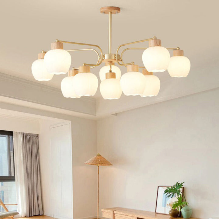 Moderne minimalistische gebogene Stange weiße Glockenblume Hardware Holz Glas 6/10 Licht Kronleuchter für Wohnzimmer 