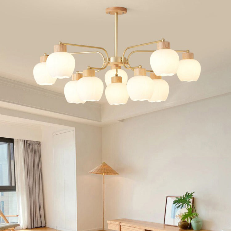 Moderne minimalistische gebogene Stange weiße Glockenblume Hardware Holz Glas 6/10 Licht Kronleuchter für Wohnzimmer 
