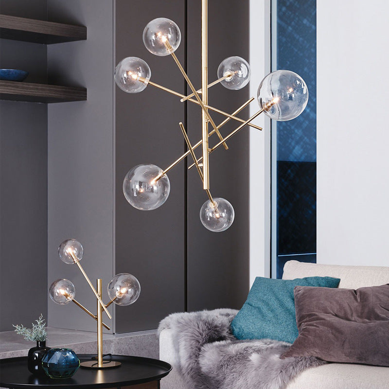 Moderner Mid-Century Magic Bean Glaskugel Eisenrahmen 6-Licht Kronleuchter für Wohnzimmer 