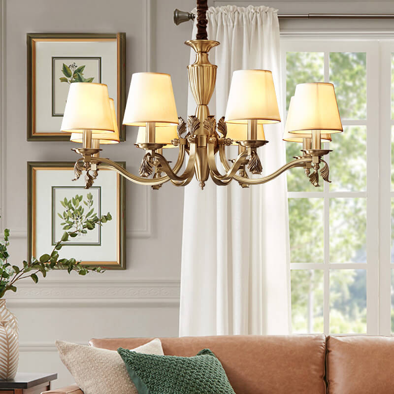 Traditional Vintage Round Trapezoidal All Copper Fabric 3/6/8/10 Light Chandelier For Living Room