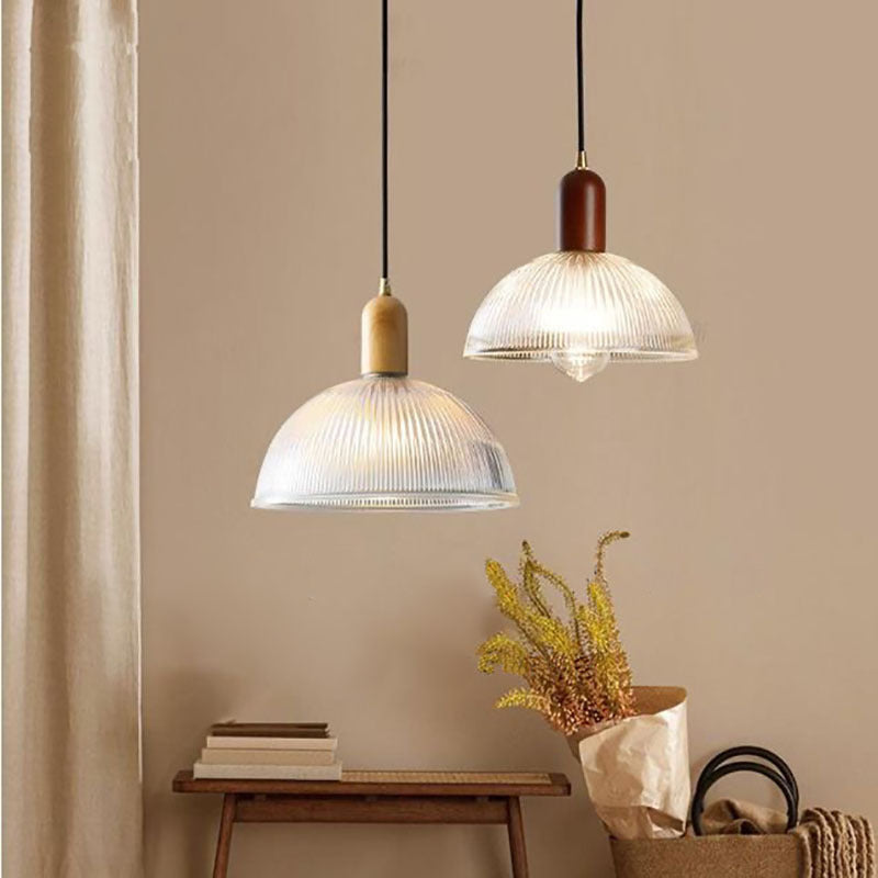 Lámpara Colgante de 1 Luz con Cúpula de Vidrio y Tazón Redondo Vintage Tradicional de Madera Maciza para Sala de Estar 