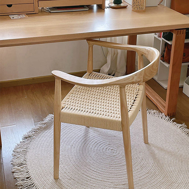 Traditional Vintage Braided Rope Wood Legs Square Dining Chair Backrest Armrest For Dining Room