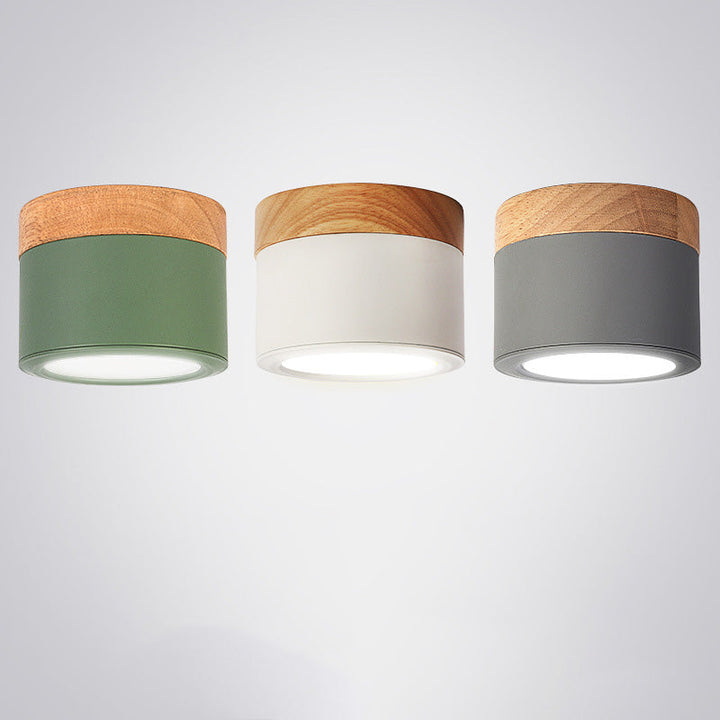 Luz de techo LED de montaje empotrado de cilindro de madera, hierro y acrílico escandinavo contemporáneo para pasillo 