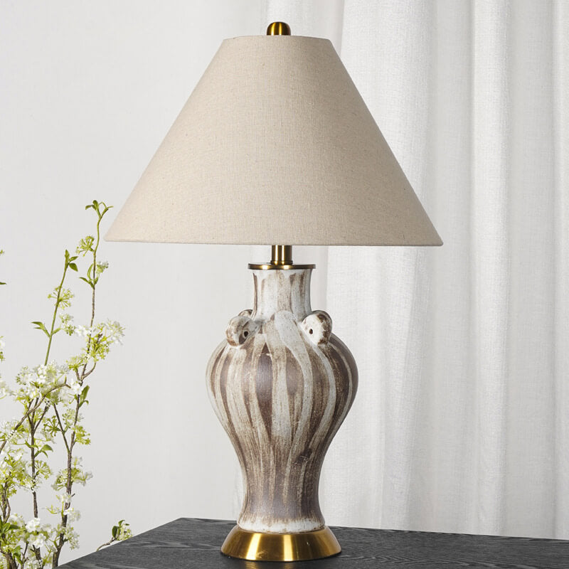 Contemporary Retro Aged Ceramic Jar Fabric Cone 1-Light Table Lamp For Bedroom