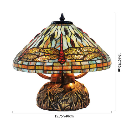 Tiffany Vintage Dragonfly Stained Glass Copper Base 2-Light Table Lamp