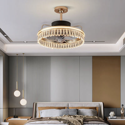 Modern Light Luxury Gold Crystal Round LED Downrods Ceiling Fan Light