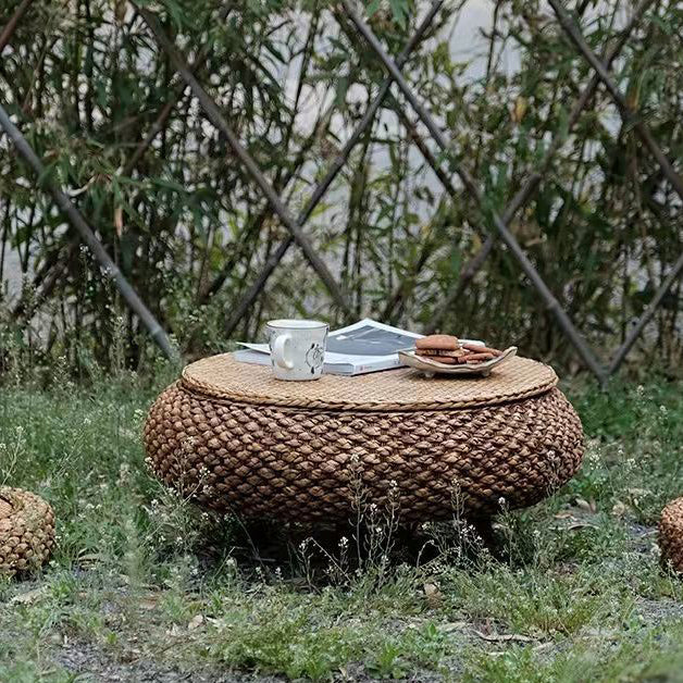 Traditional Japanese Oval Narcissus Rattan Poplar Wood Coffee Table Storage For Living Room