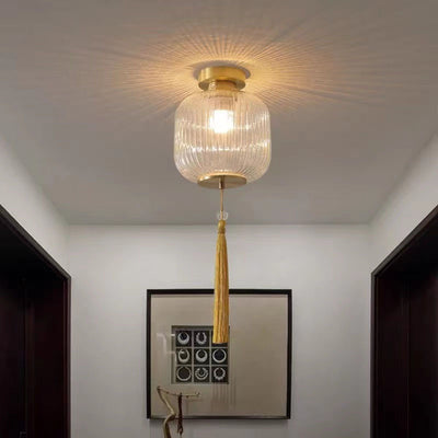 Traditionelle chinesische Laterne, sphärisches Kupferglas, 1-flammig, halbbündige Deckenleuchte für Schlafzimmer 