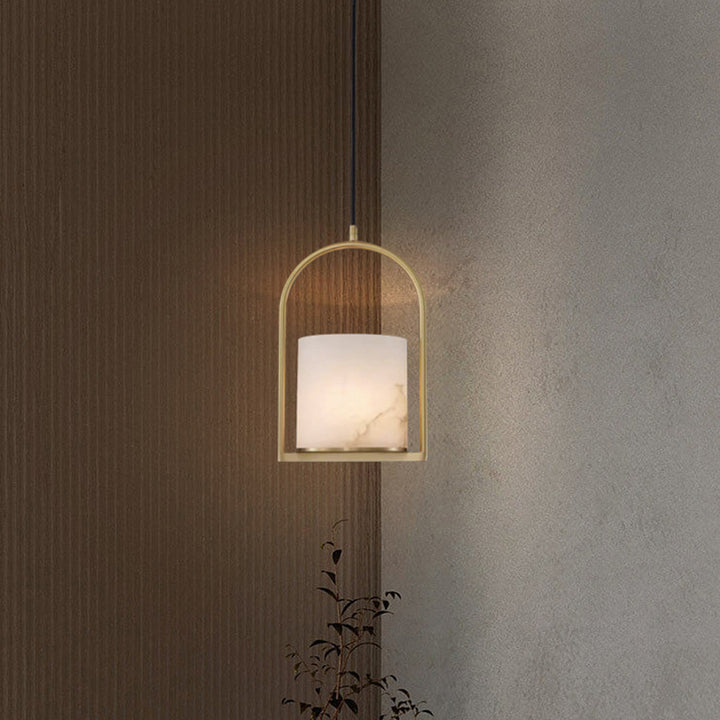 Colonne de Cage à Oiseaux Minimaliste Moderne en Cuivre et Marbre avec Suspension à 1 Lumière pour Salle d&