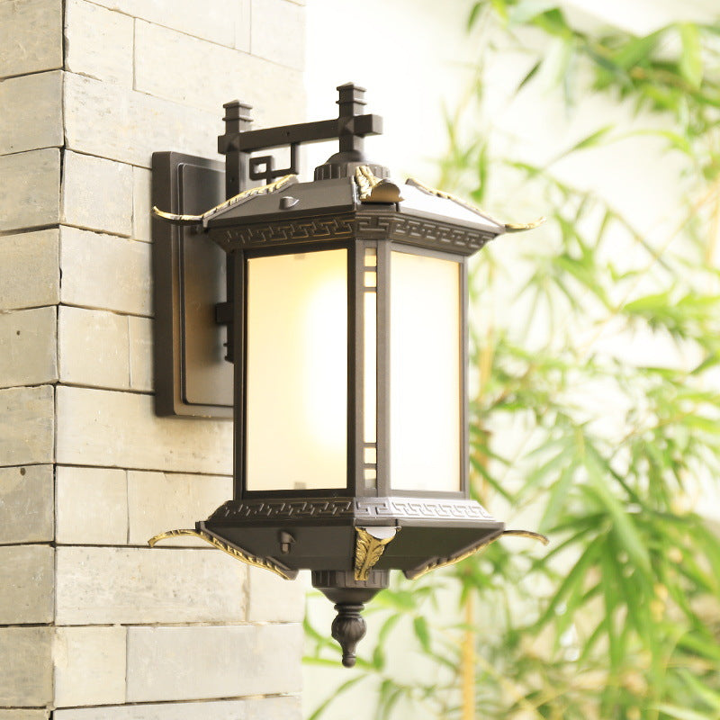 Traditionelle chinesische Aluminium rechteckige Turm 1-Licht Outdoor Wandleuchte Lampe für Garten 