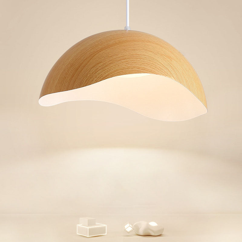 Contemporary Scandinavian Wood Grain Iron Dome Wave LED Pendant Light For Dining Room