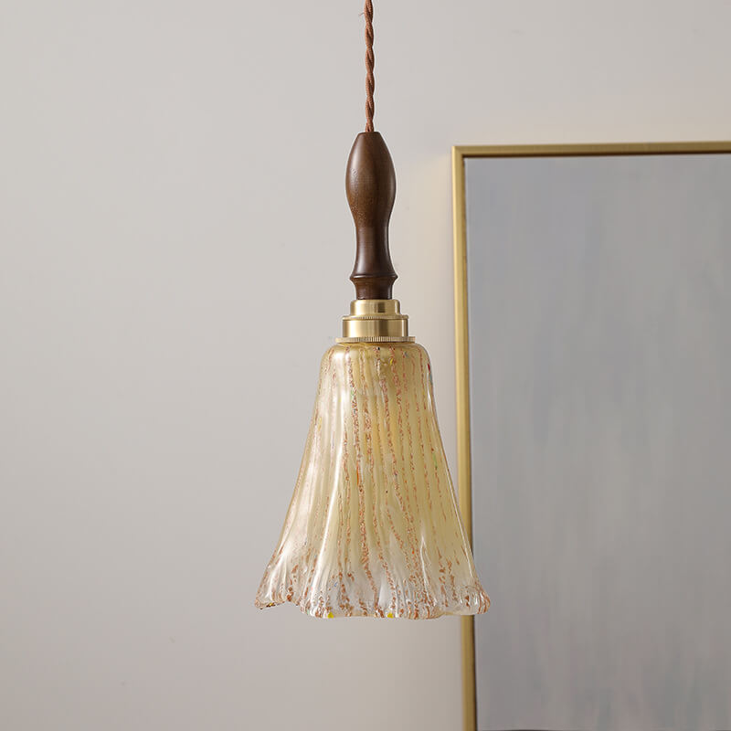 Moderne minimalistische Blume Nussbaum Messing Glas 1-Licht Pendelleuchte 