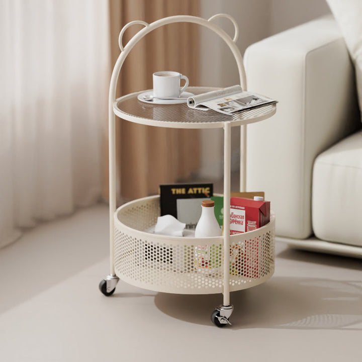 Mesa auxiliar móvil redonda de vidrio y hierro de estilo contemporáneo y sencillo con estantes de almacenamiento de 2 niveles para sala de estar 