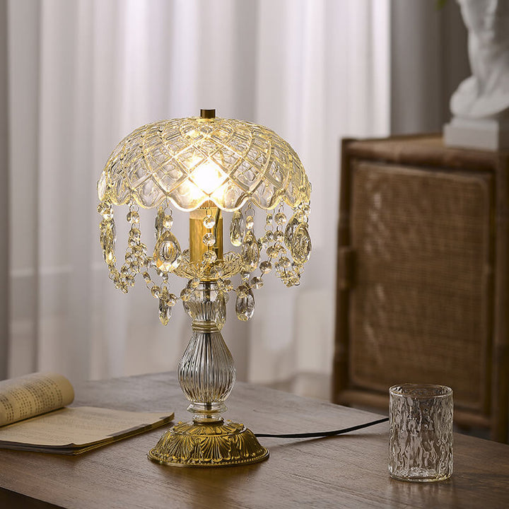 Modern Luxury Clear Glass Crystal Round Tassel Copper 1-Light Table Lamp for Bedroom