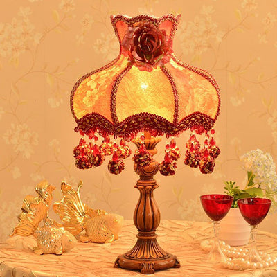 Chinese Ornate Fabric Shade Rose Flower Decor 1-Light Table Lamp