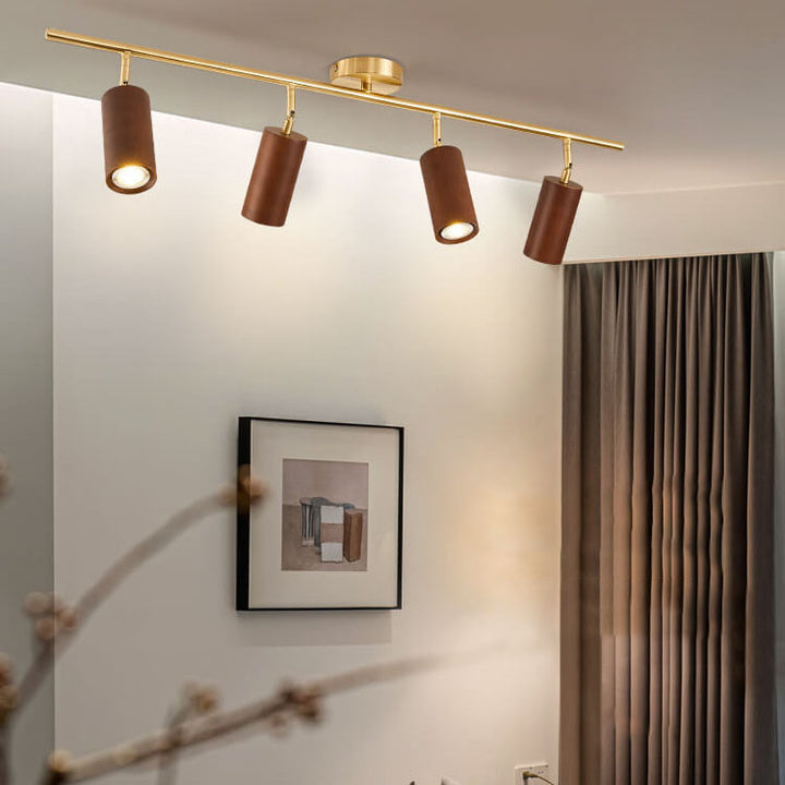 Modern Minimalist Walnut Wood Spotlight Linear Track Rubberwood Iron LED Semi-Flush Mount Ceiling Light for Living Room
