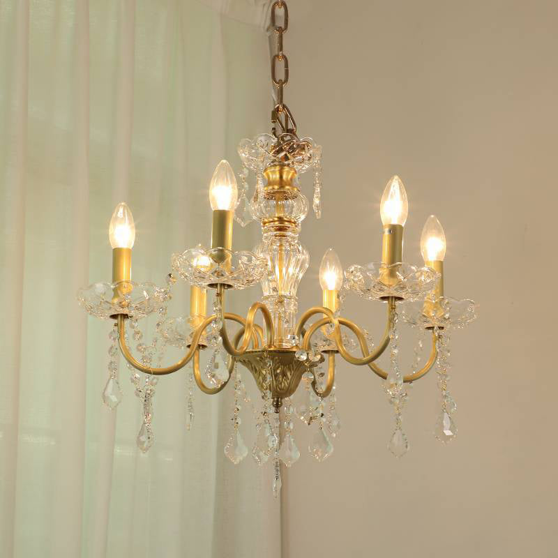 Candelabro de Cristal Redondo Francés Tradicional de Rama Completa de Latón Vidrio 5/6/8 Luces para Sala de Estar 
