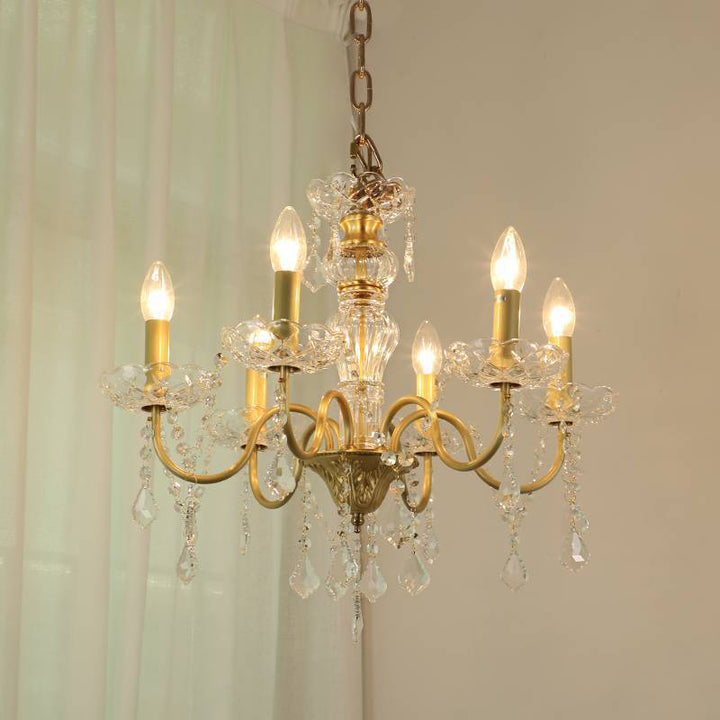 Candelabro de Cristal Redondo Francés Tradicional de Rama Completa de Latón Vidrio 5/6/8 Luces para Sala de Estar 