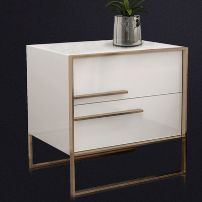 Table de nuit moderne en bois massif cubique avec cadre en acier inoxydable à 2 tiroirs pour chambre 