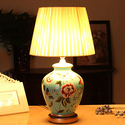 Traditional Chinese Bird Vase Base Ceramic Fabric 1-Light Table Lamp For Living Room