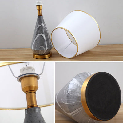 Pantalla de lámpara de tela simple nórdica con patrón de piedra Base de cerámica 1-luz lámpara de mesa 
