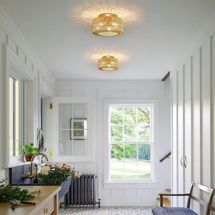 Zeitgenössische Boho Rattan Webkäfig 3-Licht Halbbündige Deckenleuchte für Wohnzimmer 