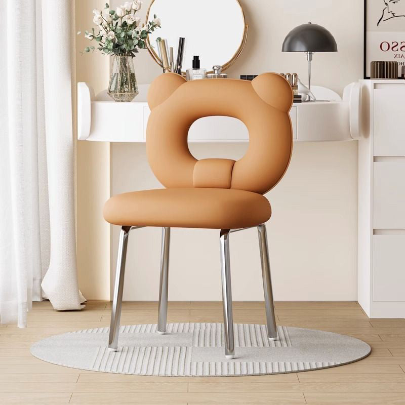 Taburete de tocador con patas de metal tapizado en cuero sintético escandinavo contemporáneo con respaldo de oso para sala de estar 