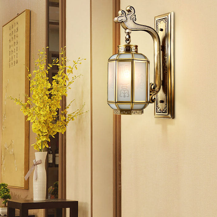 Chinesische Retro Vollkupfer Laterne Mattglas Schirm 1-Licht Wandleuchte 