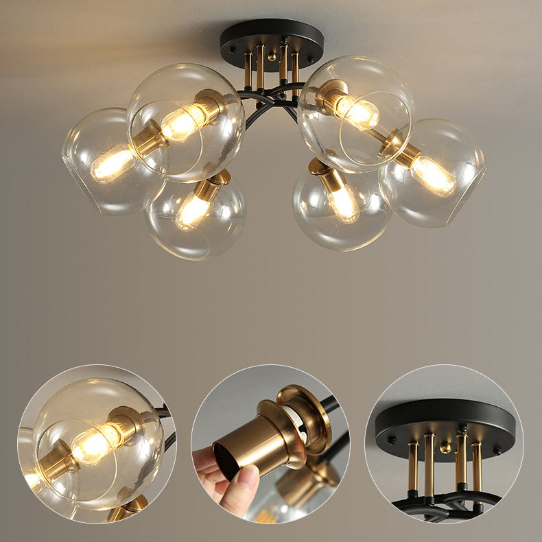 Lustre de plafond semi-encastré en fer et verre rond à branches contemporaines de luxe 4/6/8 pour chambre 