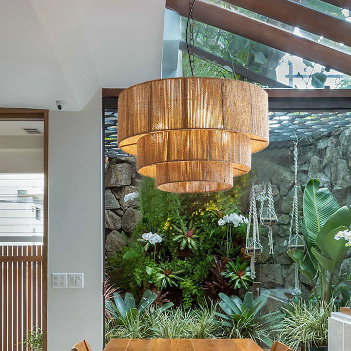 Zeitgenössische Boho Eisen Kordel Runde 3-Licht Pendelleuchte Für Esszimmer 