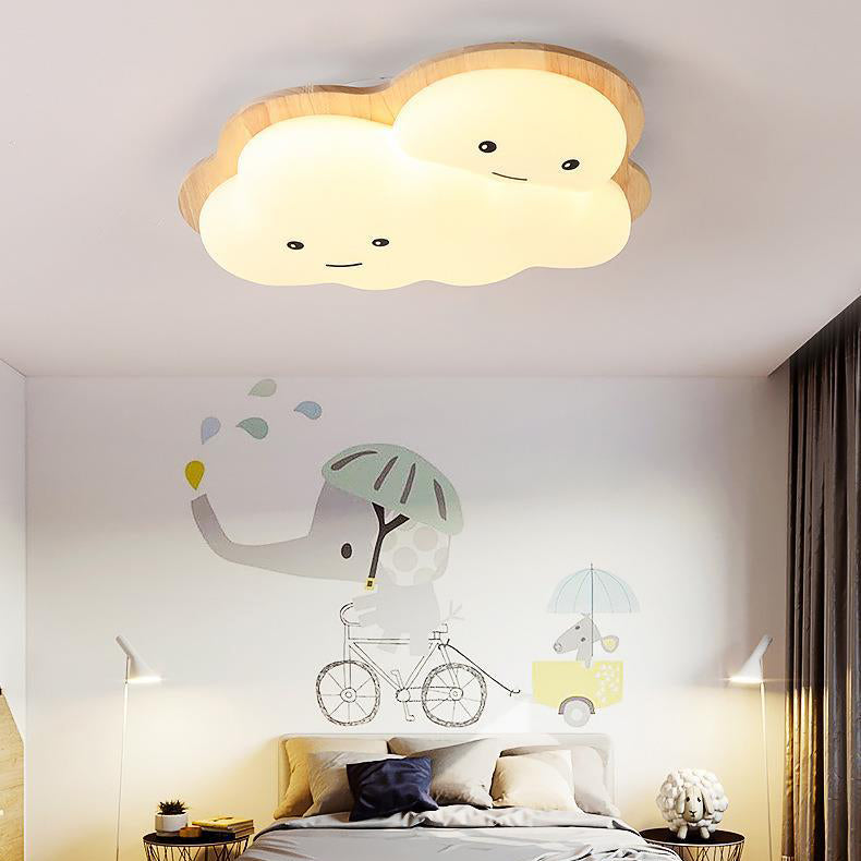 Modern Art Deco Airplane Clouds Moon Acrylic Wood LED Flush Mount Ceiling Light For Living Room