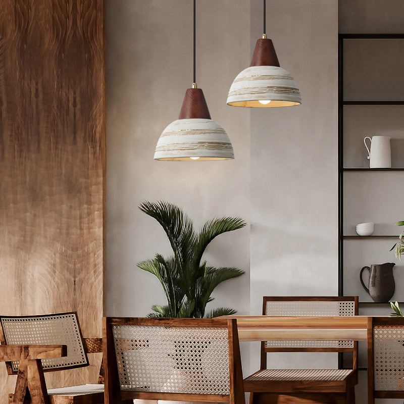Zeitgenössische Vintage Kuppel Messing Holz Keramik 1-Licht Pendelleuchte für Wohnzimmer 