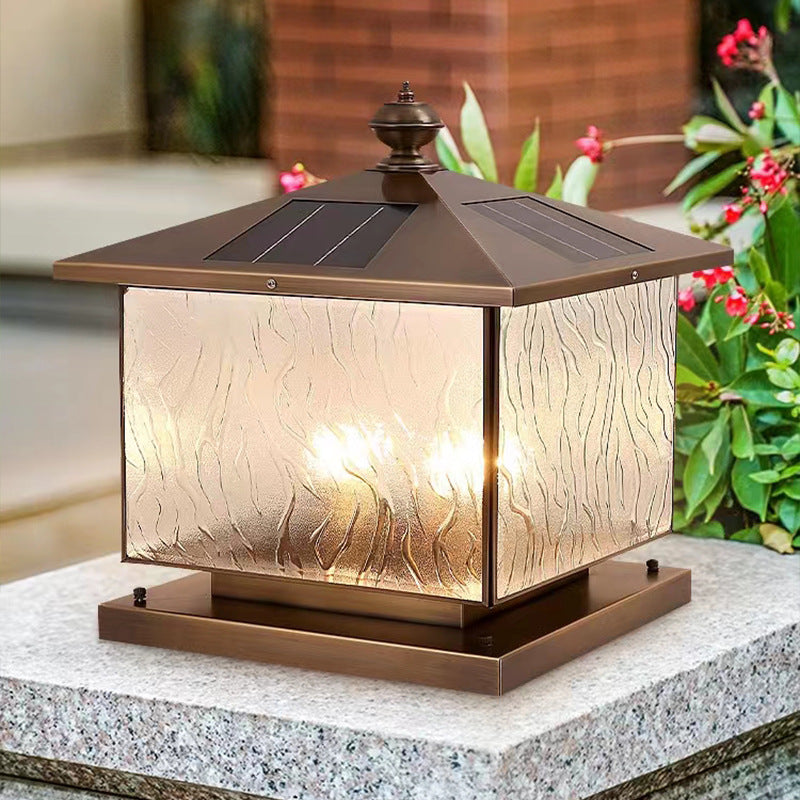 Luz de Poste de Cabeza de Vidrio Texturizado Cuadrado Solar Tradicional Europeo 1/2 para Patio Exterior 