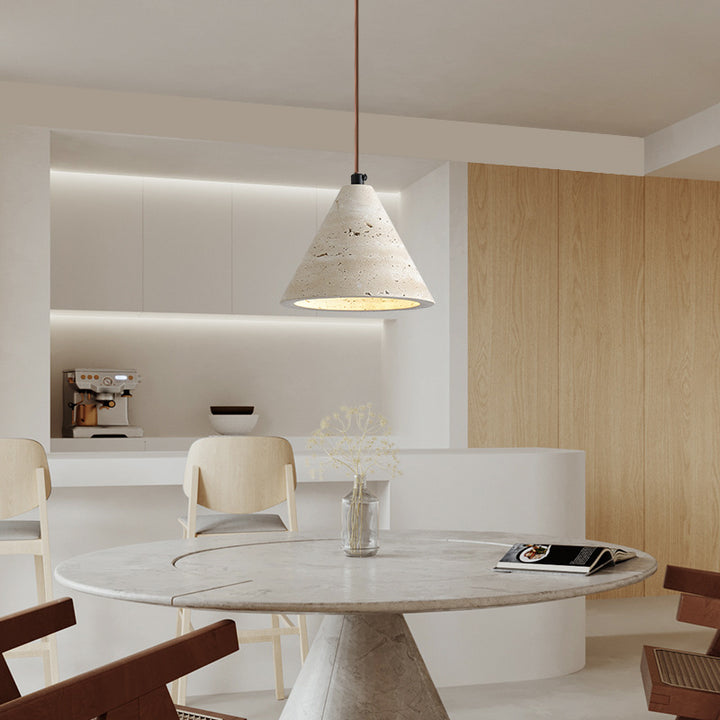 Traditional Japanese Round Table Travertine Walnut 1-Light Pendant